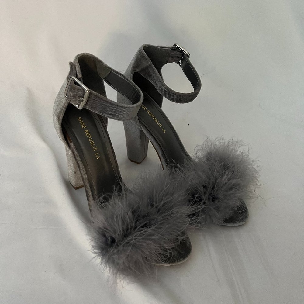 Grey Feather Strappy Heels